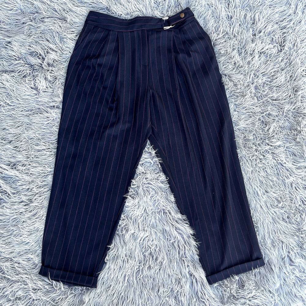 Topshop Navy Pink Pinstripe Belted Cropped High Waist Trouser Pants Womens 8